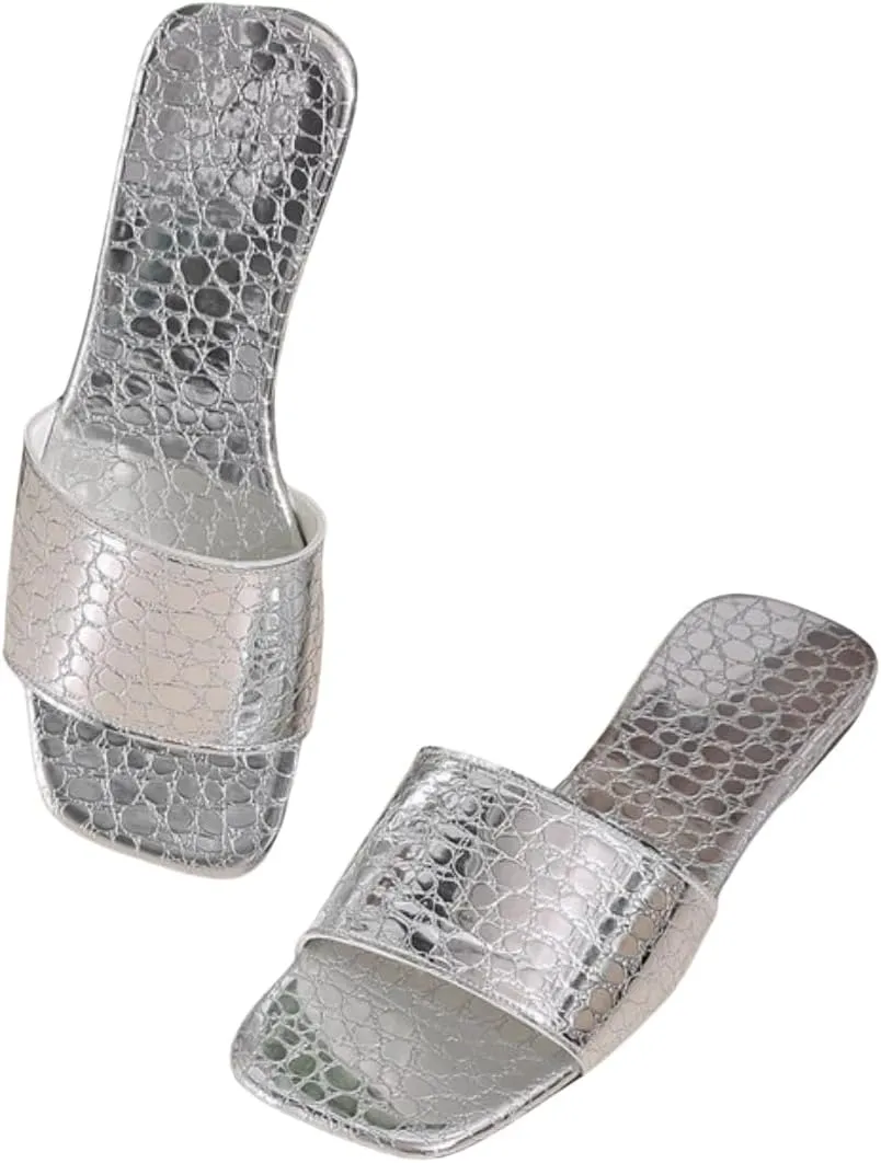 Women's Metallic Silver Croc-Embossed Slip-On Sandals, Open Toe