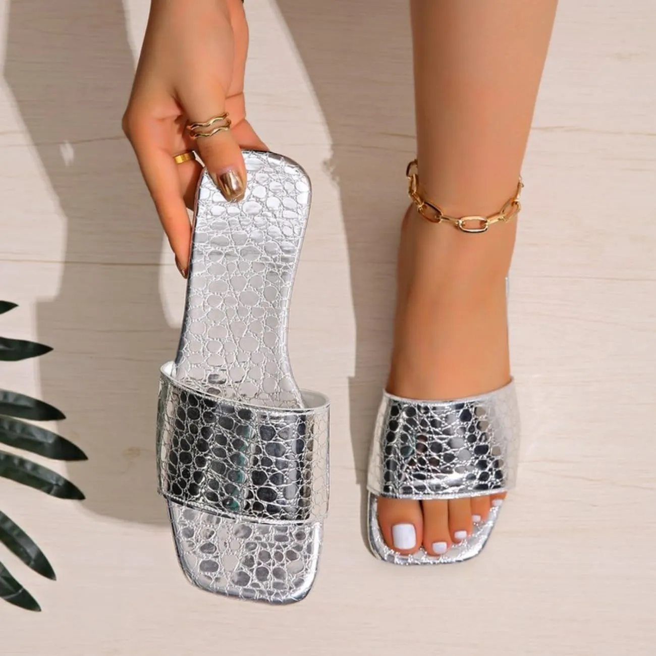 Women's Metallic Silver Croc-Embossed Slip-On Sandals, Open Toe
