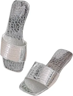Women's Metallic Silver Croc-Embossed Slip-On Sandals, Open Toe