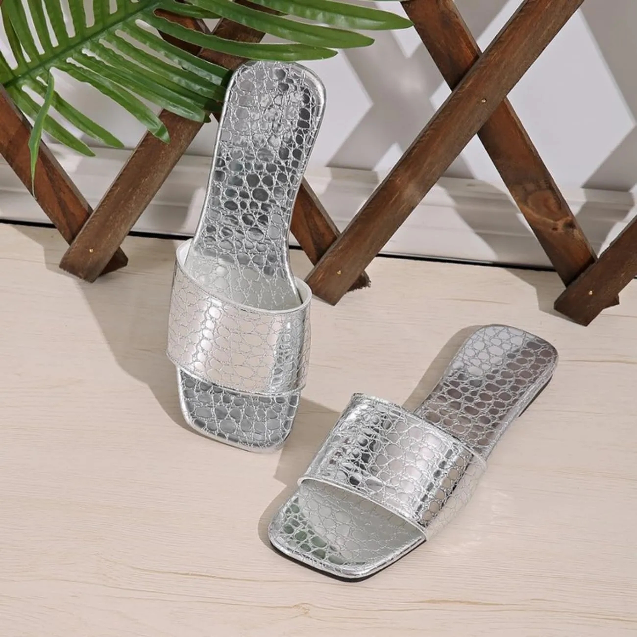 Women's Metallic Silver Croc-Embossed Slip-On Sandals, Open Toe