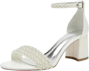 Women's PU Pearl Wedding Sandals - Block Heel for Brides, Open Toe Prom Evening Party Shoes