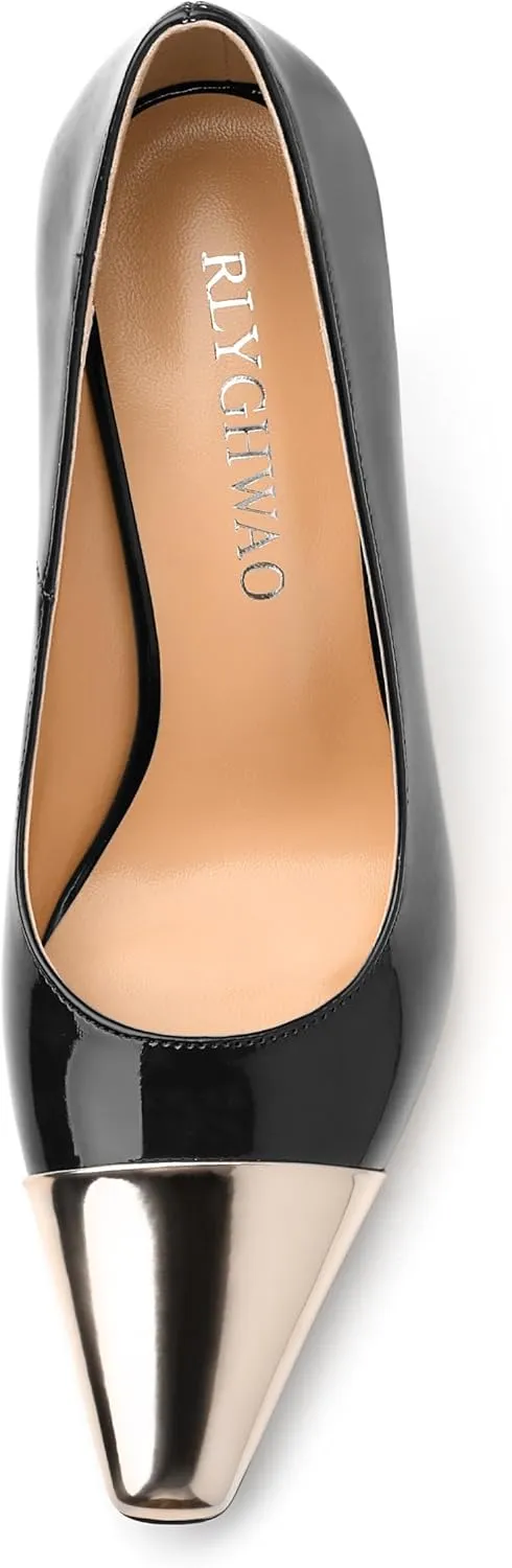 Women's Pumps, Two Toned Patchwork Square Closed Toe High Heels, Fashion Slip On Daily Dressy Shoes for Women