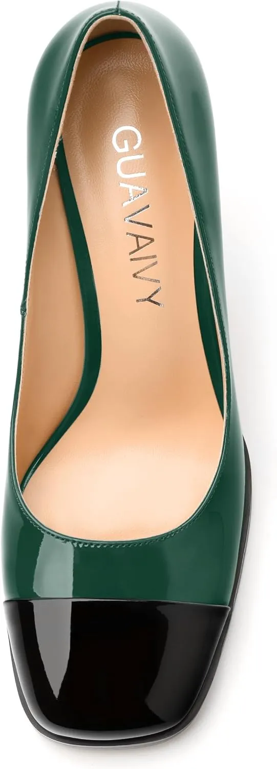 Women's Pumps, Two Toned Patchwork Square Closed Toe High Heels, Fashion Slip On Daily Dressy Shoes for Women