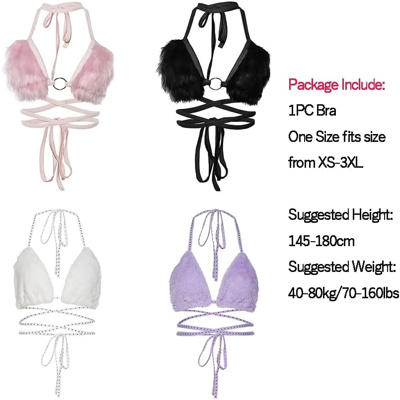 Women's Rave Furry Bra Top Strappy Halter Triangle Bralette Cami Tanks Festival Party Dance Hot Clubwear