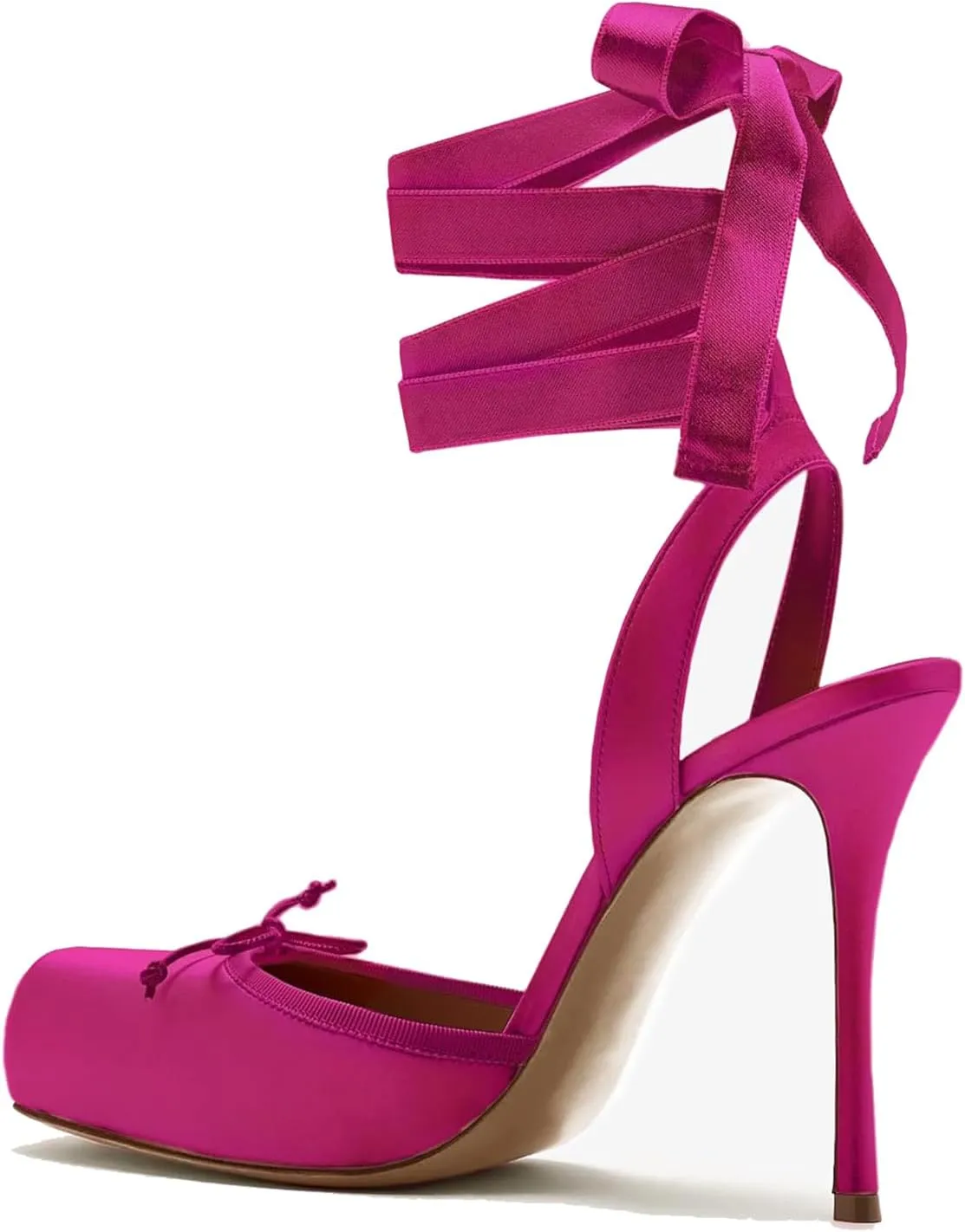 Women's Satin Ballet Slingback High Heels with Bows Closed Square Toe Lace-Up Stiletto Pumps Elegant Mary Jane Shoes for Wedding Party
