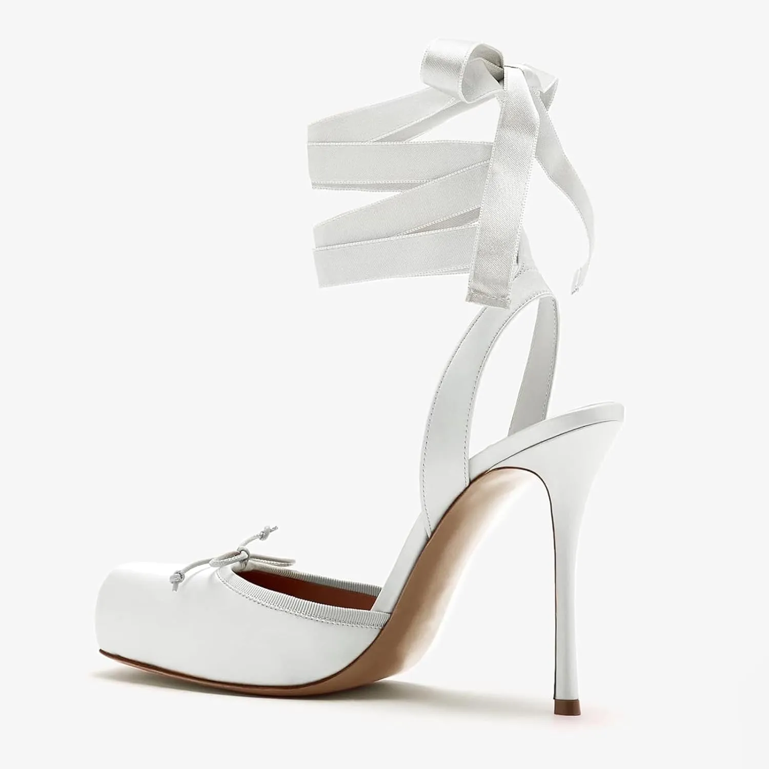 Women's Satin Ballet Slingback High Heels with Bows Closed Square Toe Lace-Up Stiletto Pumps Elegant Mary Jane Shoes for Wedding Party