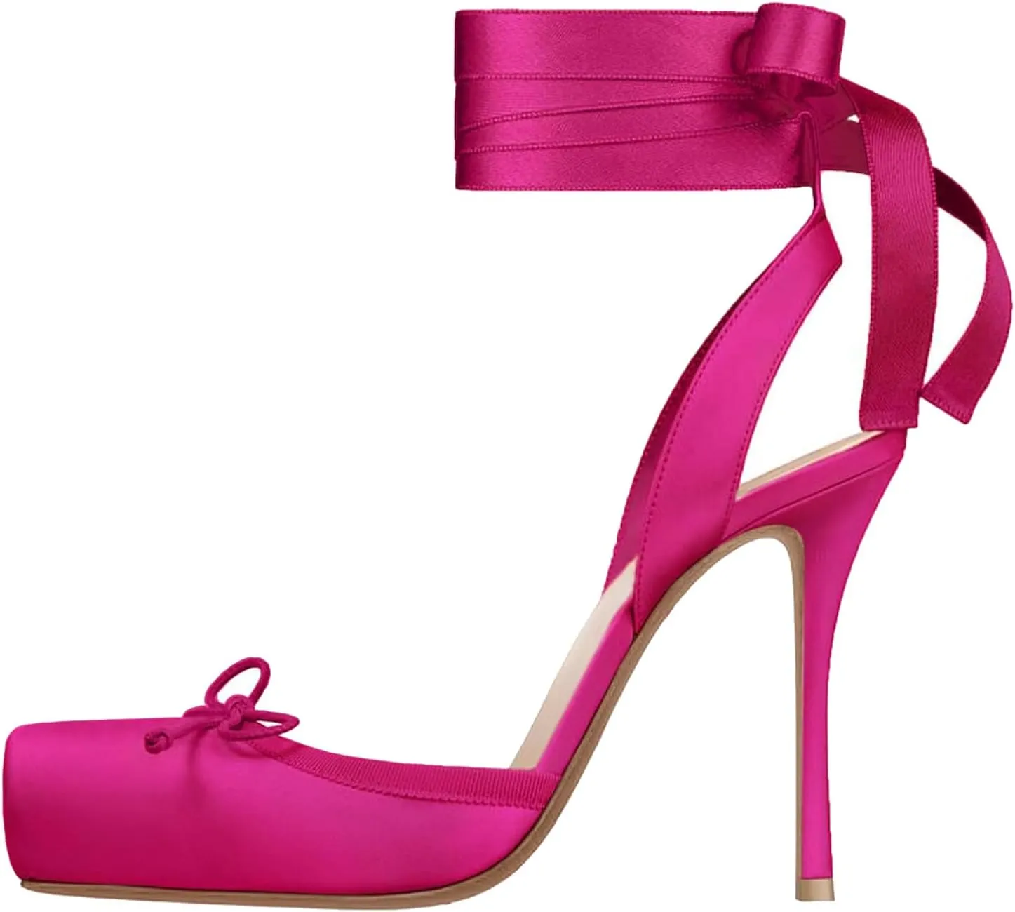 Women's Satin Ballet Slingback High Heels with Bows Closed Square Toe Lace-Up Stiletto Pumps Elegant Mary Jane Shoes for Wedding Party