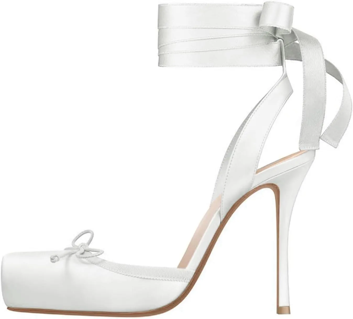 Women's Satin Ballet Slingback High Heels with Bows Closed Square Toe Lace-Up Stiletto Pumps Elegant Mary Jane Shoes for Wedding Party