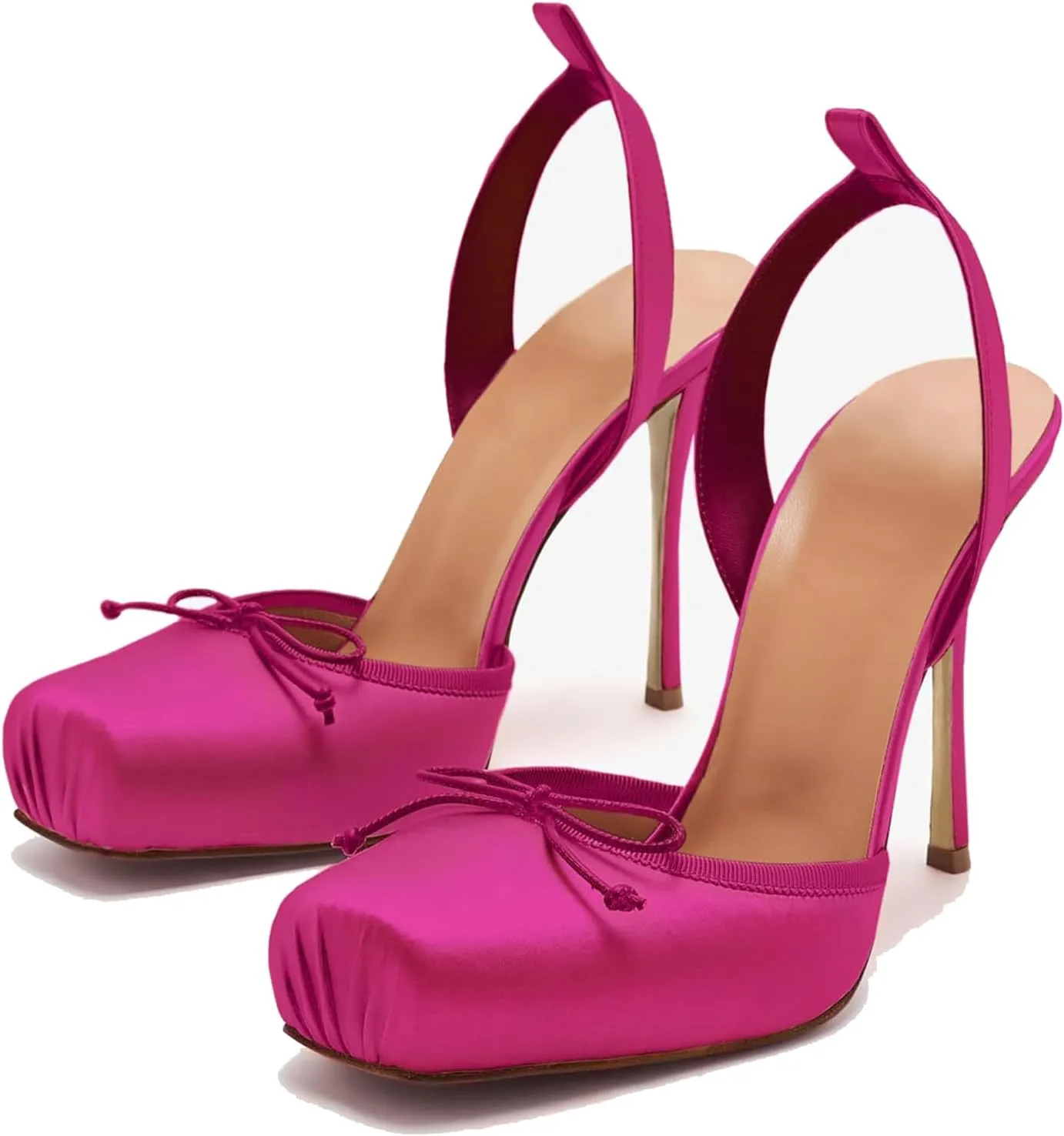 Women's Satin Ballet Slingback High Heels with Bows Closed Square Toe Lace-Up Stiletto Pumps Elegant Mary Jane Shoes for Wedding Party