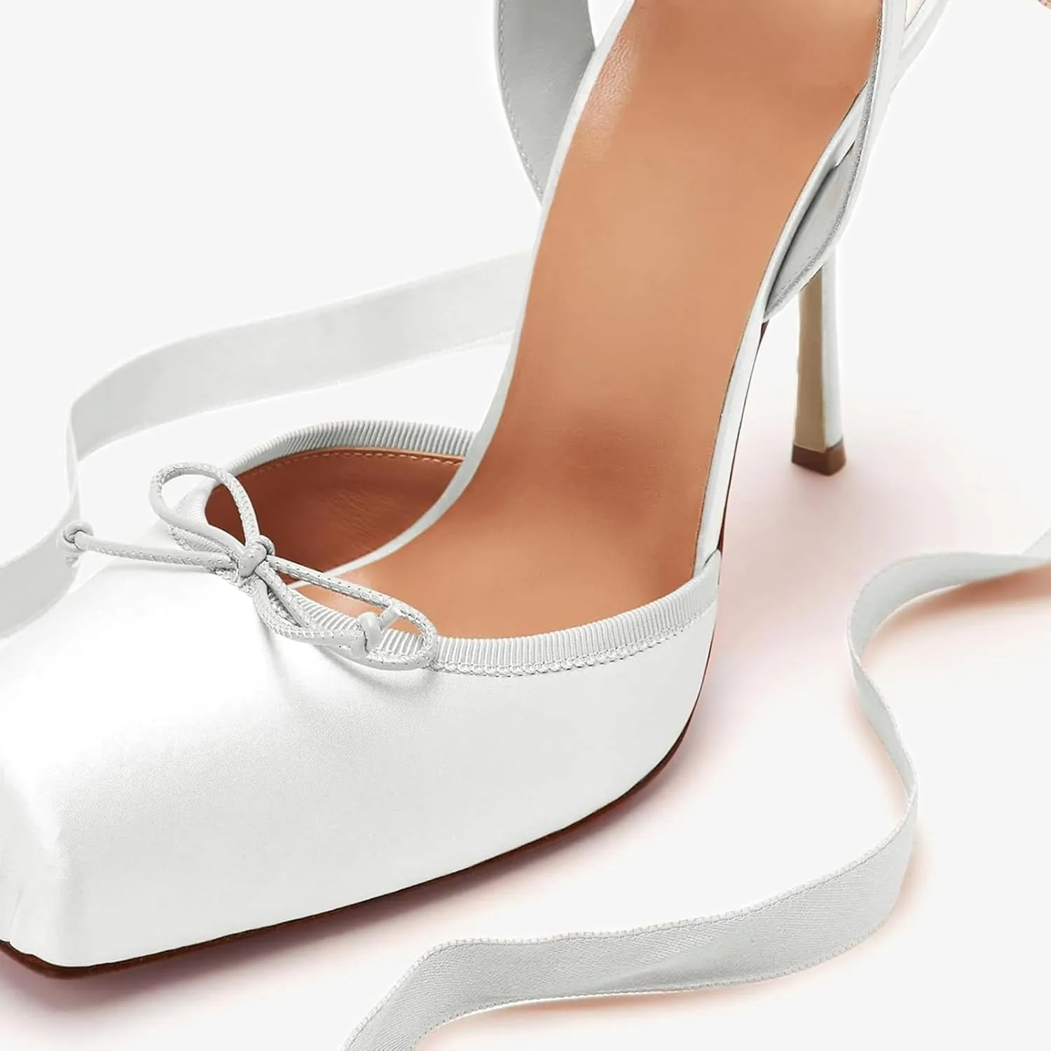 Women's Satin Ballet Slingback High Heels with Bows Closed Square Toe Lace-Up Stiletto Pumps Elegant Mary Jane Shoes for Wedding Party