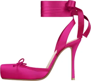 Women's Satin Ballet Slingback High Heels with Bows Closed Square Toe Lace-Up Stiletto Pumps Elegant Mary Jane Shoes for Wedding Party
