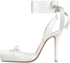 Women's Satin Ballet Slingback High Heels with Bows Closed Square Toe Lace-Up Stiletto Pumps Elegant Mary Jane Shoes for Wedding Party