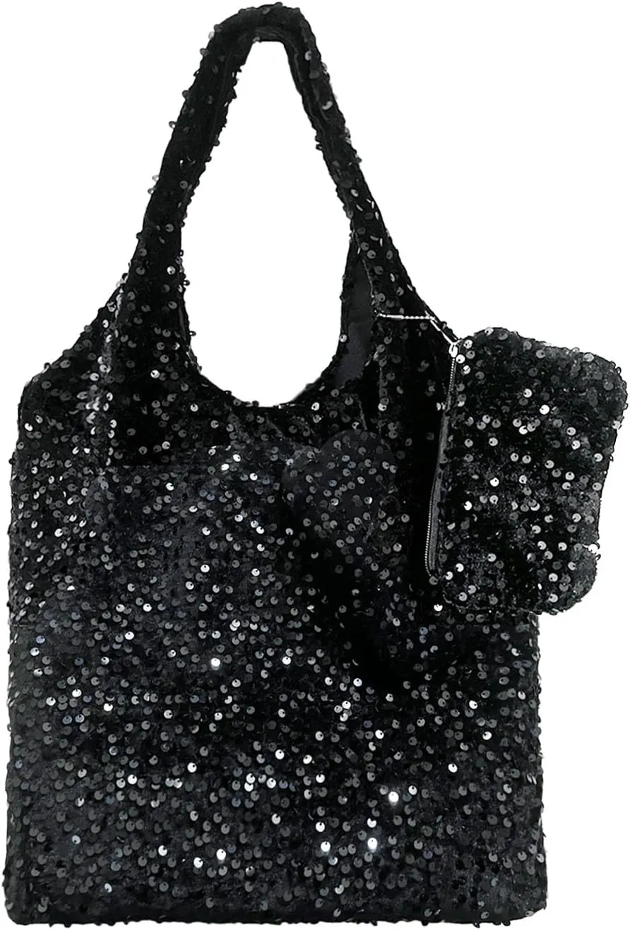 Womens Sequin Tote Bag, Sparkly Shoulder Bag, Elegant Handbag, Large Capacity Shopping Bag Matching Coin Purse