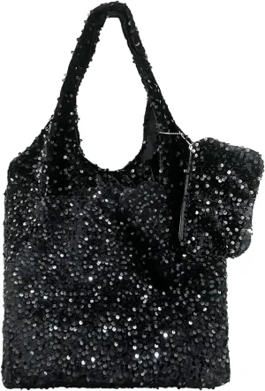 Womens Sequin Tote Bag, Sparkly Shoulder Bag, Elegant Handbag, Large Capacity Shopping Bag Matching Coin Purse