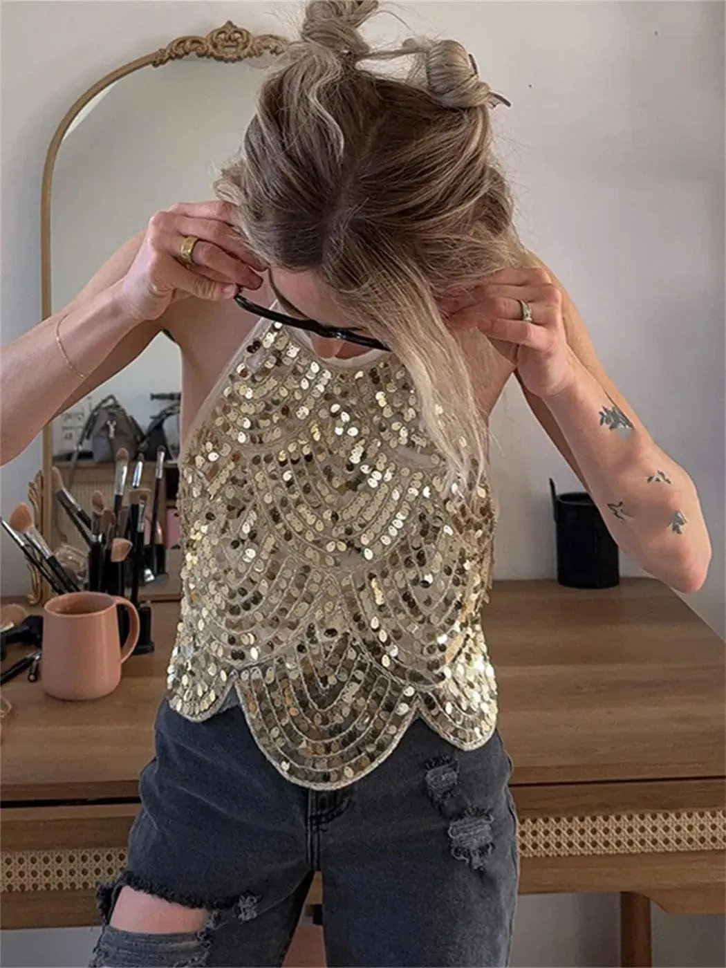 Women's Sequined Halter Sleeveless Lace-Up Backless Solid Irregular Vest Summer Nightclub Vest