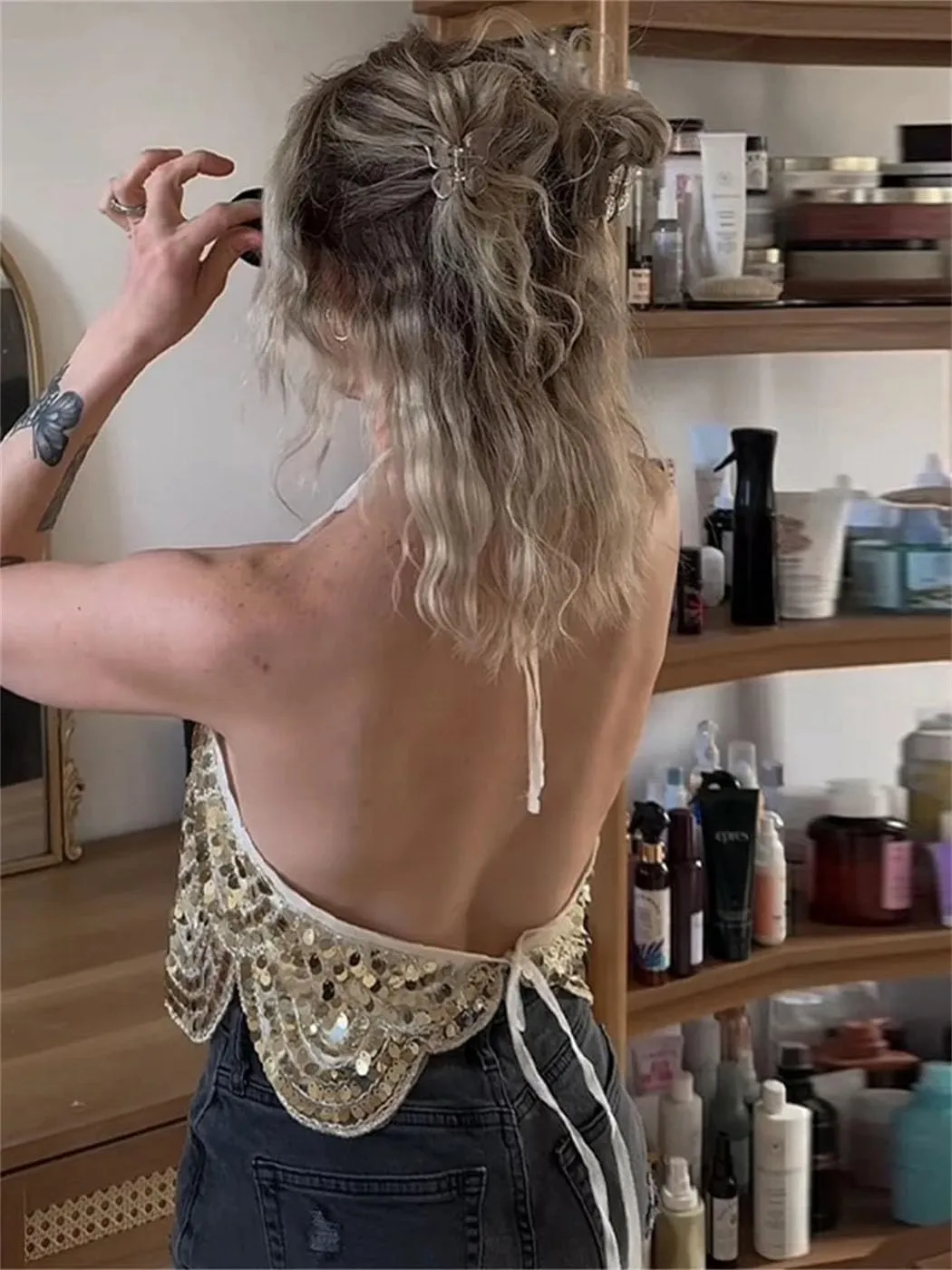 Women's Sequined Halter Sleeveless Lace-Up Backless Solid Irregular Vest Summer Nightclub Vest