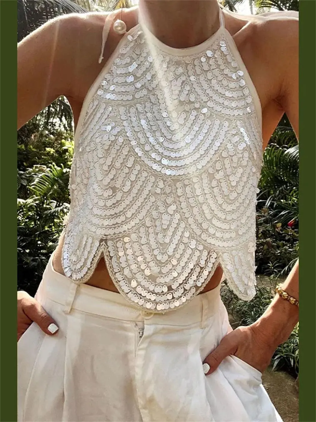Women's Sequined Halter Sleeveless Lace-Up Backless Solid Irregular Vest Summer Nightclub Vest