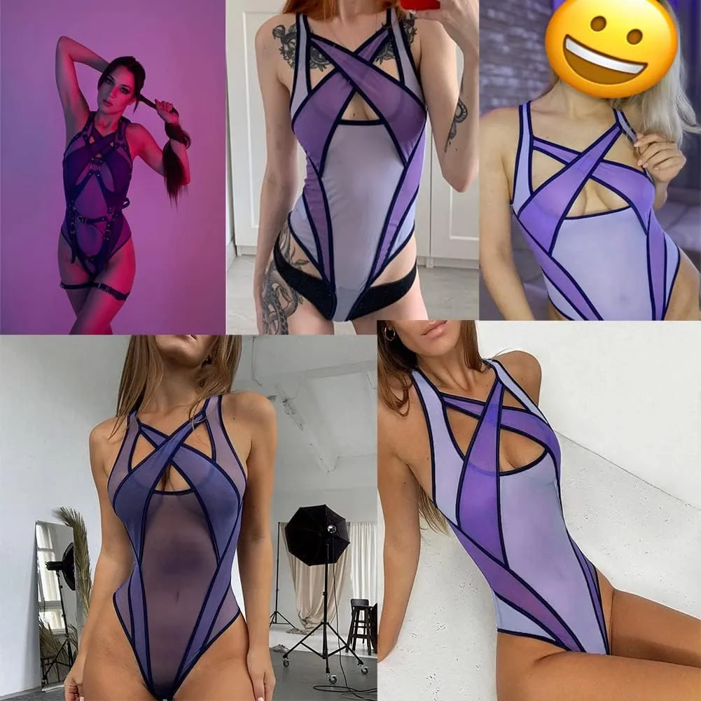 Women’s Sexy See Through Mesh Bodysuit Hollow Out Sleeveless Criss Cross Bodycon Short Mini Leotard Top for Rave Festival