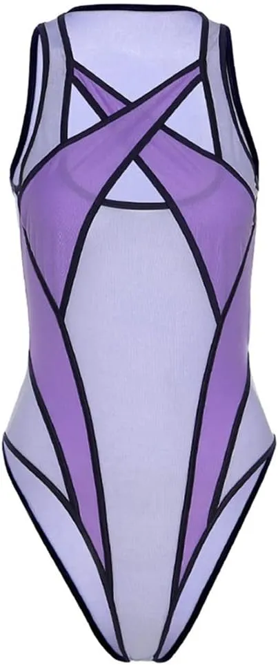Women’s Sexy See Through Mesh Bodysuit Hollow Out Sleeveless Criss Cross Bodycon Short Mini Leotard Top for Rave Festival