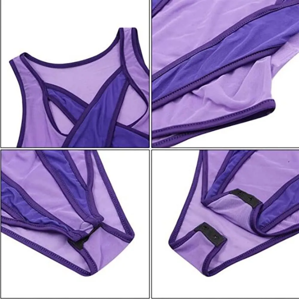 Women’s Sexy See Through Mesh Bodysuit Hollow Out Sleeveless Criss Cross Bodycon Short Mini Leotard Top for Rave Festival