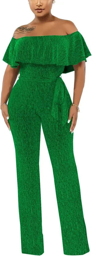 Women's Sexy Sparkly Classy Jumpsuits Casual Off Shoulder Loose Wide Leg Pants Clubwear Party Rompers
