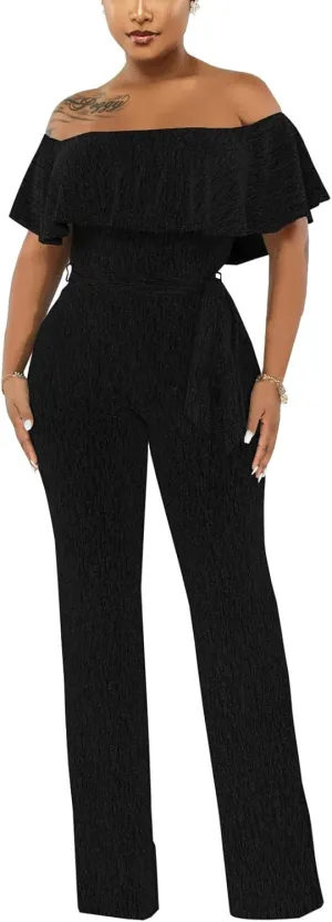 Women's Sexy Sparkly Classy Jumpsuits Casual Off Shoulder Loose Wide Leg Pants Clubwear Party Rompers