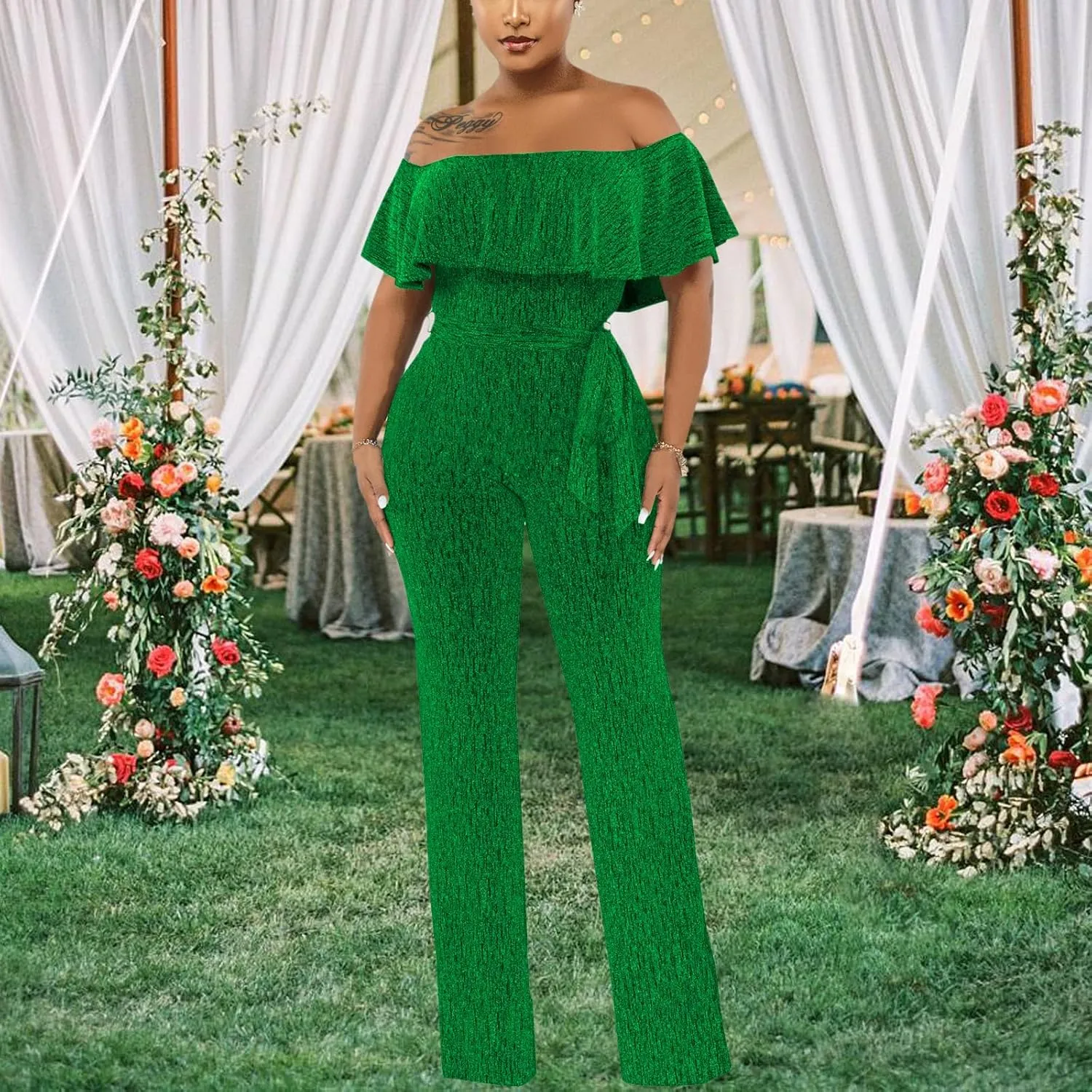 Women's Sexy Sparkly Classy Jumpsuits Casual Off Shoulder Loose Wide Leg Pants Clubwear Party Rompers