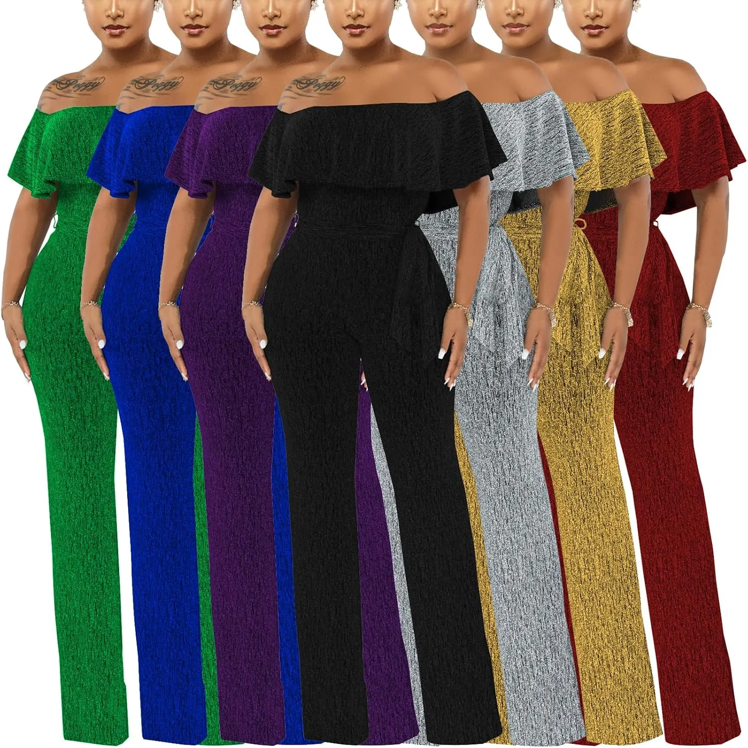 Women's Sexy Sparkly Classy Jumpsuits Casual Off Shoulder Loose Wide Leg Pants Clubwear Party Rompers