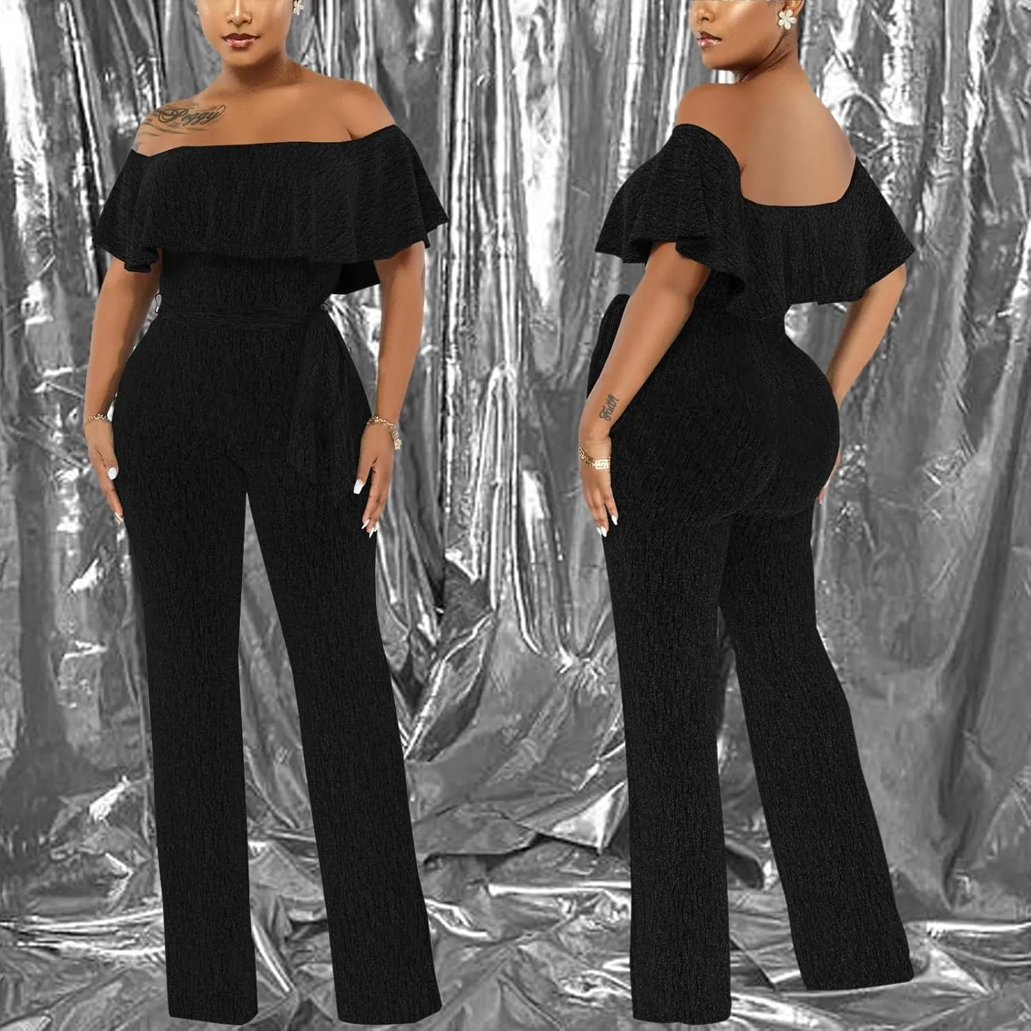 Women's Sexy Sparkly Classy Jumpsuits Casual Off Shoulder Loose Wide Leg Pants Clubwear Party Rompers