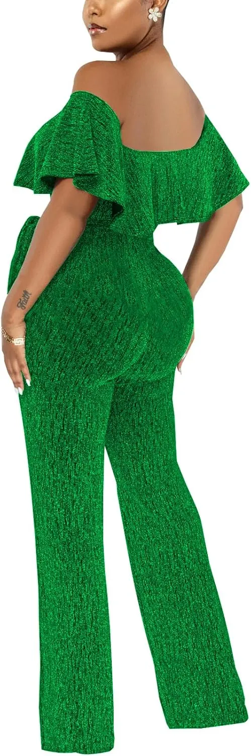 Women's Sexy Sparkly Classy Jumpsuits Casual Off Shoulder Loose Wide Leg Pants Clubwear Party Rompers