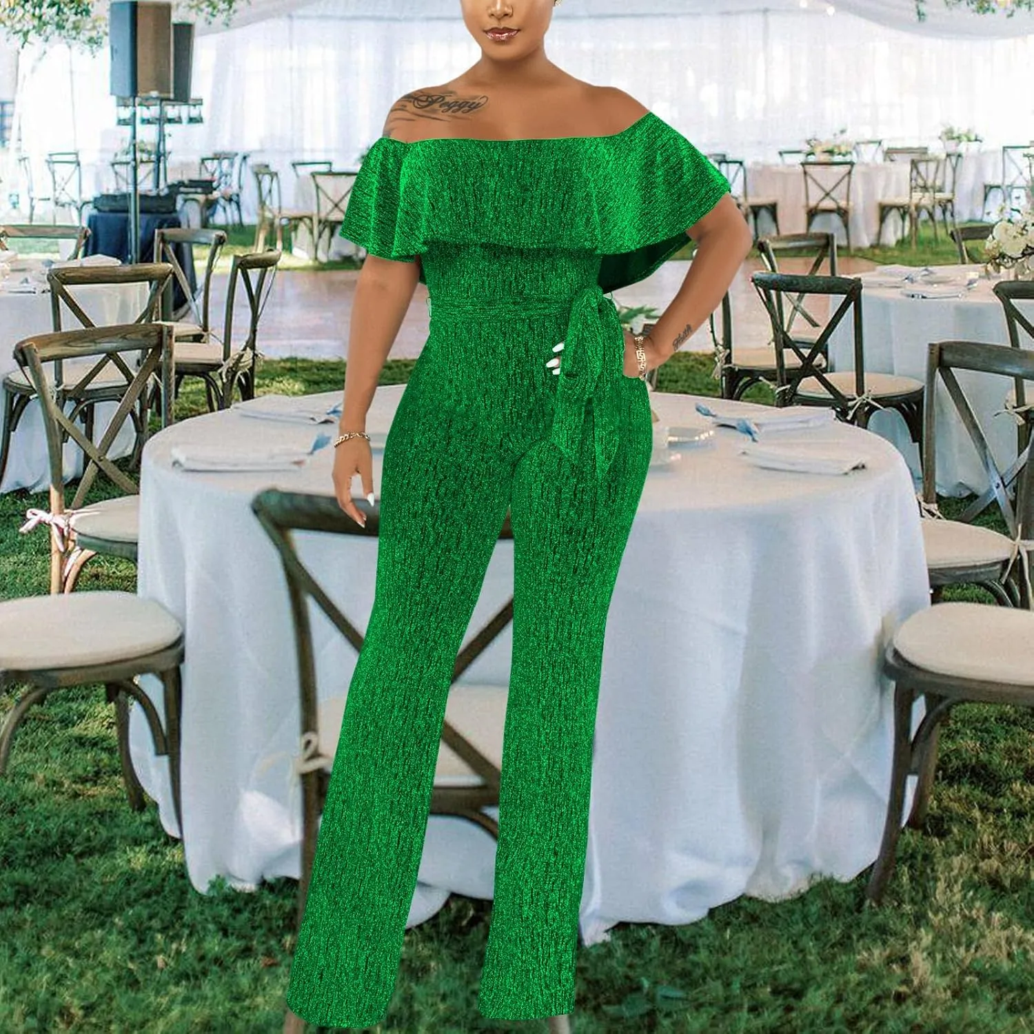 Women's Sexy Sparkly Classy Jumpsuits Casual Off Shoulder Loose Wide Leg Pants Clubwear Party Rompers