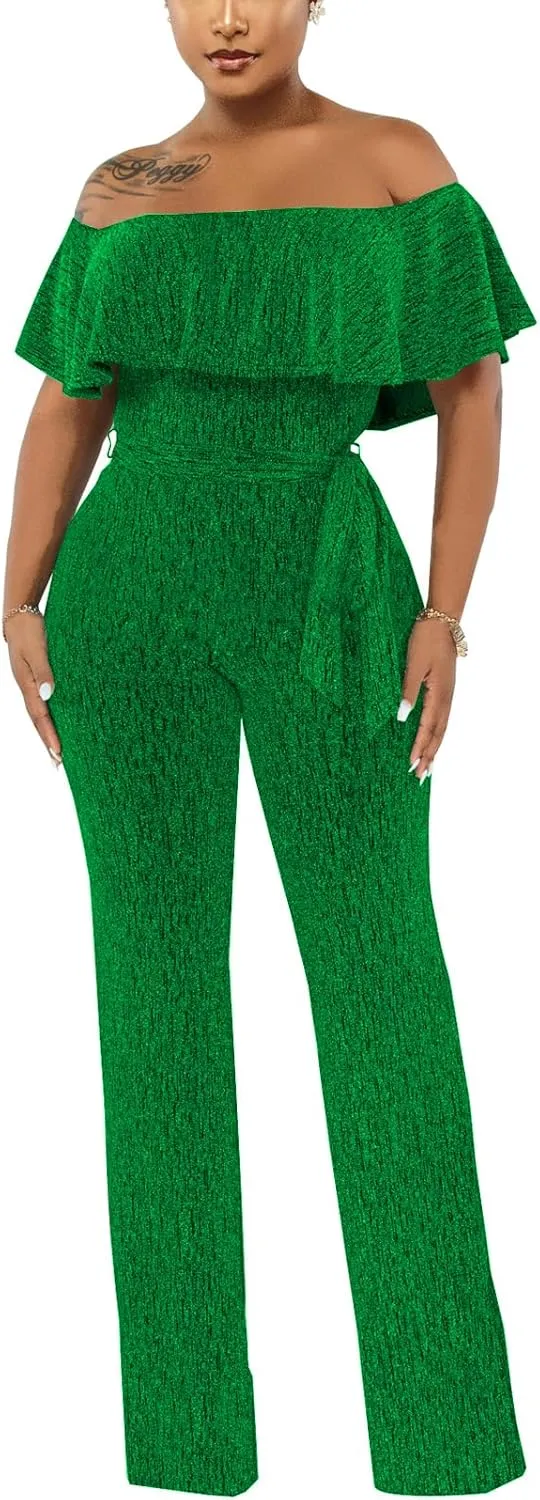 Women's Sexy Sparkly Classy Jumpsuits Casual Off Shoulder Loose Wide Leg Pants Clubwear Party Rompers