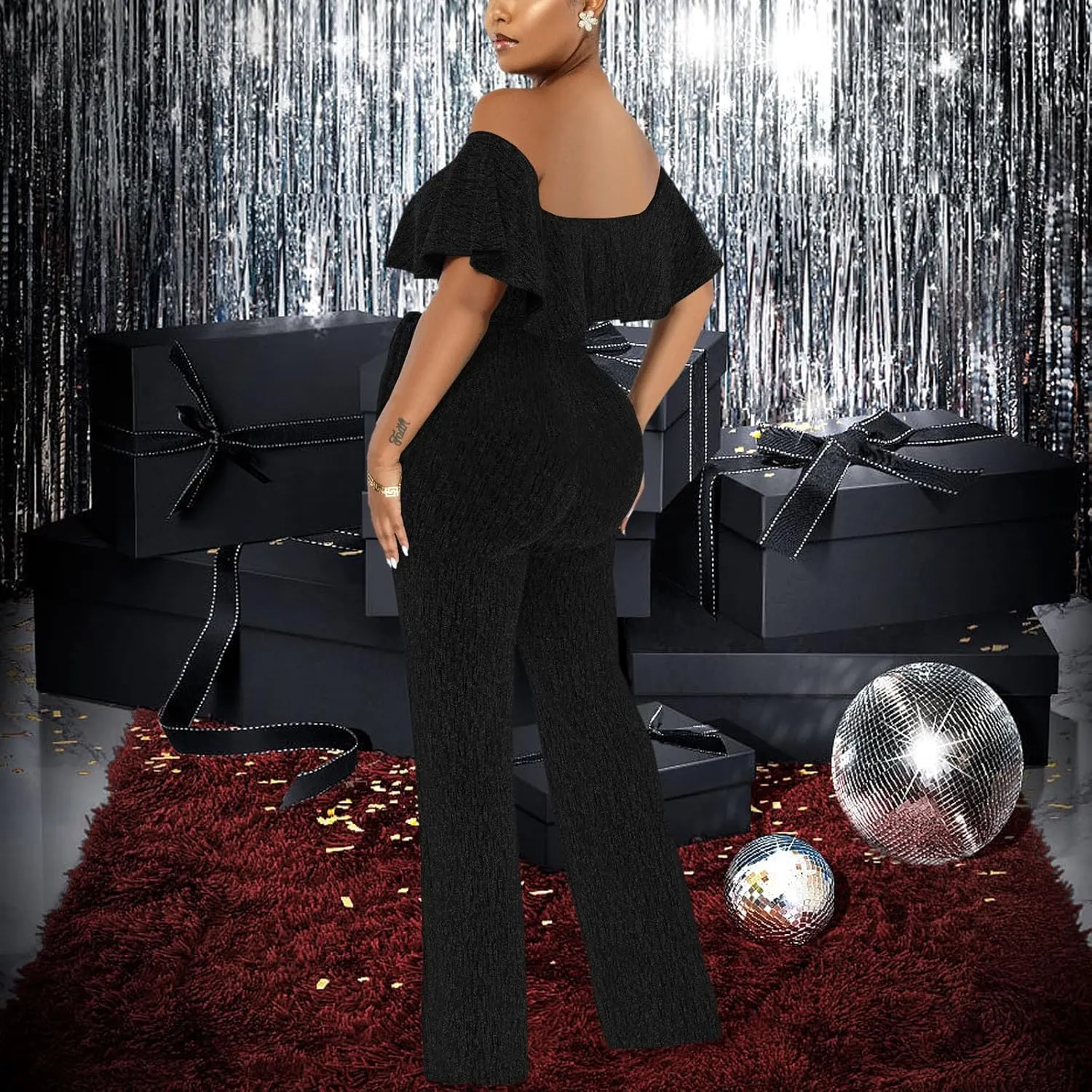 Women's Sexy Sparkly Classy Jumpsuits Casual Off Shoulder Loose Wide Leg Pants Clubwear Party Rompers