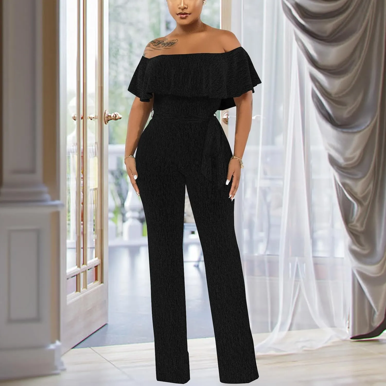 Women's Sexy Sparkly Classy Jumpsuits Casual Off Shoulder Loose Wide Leg Pants Clubwear Party Rompers