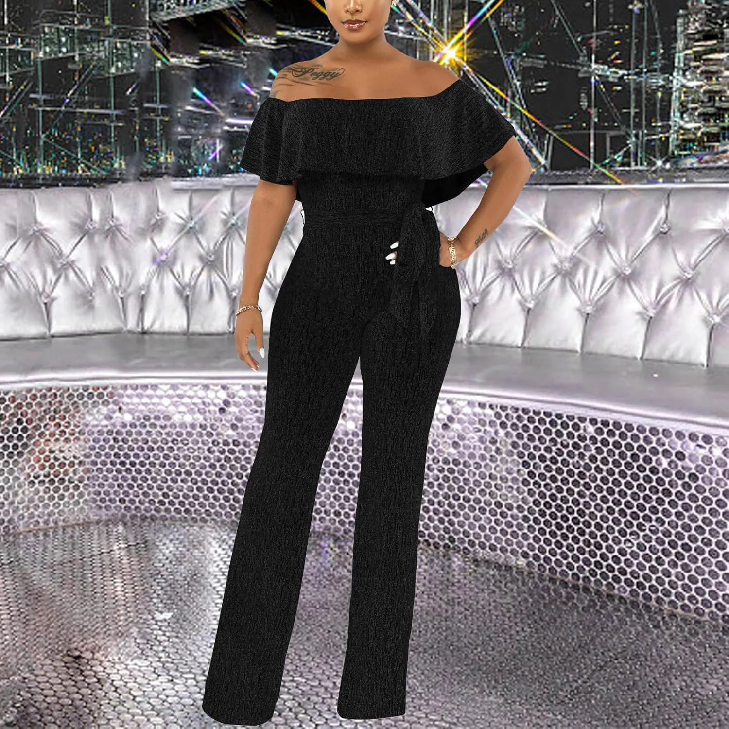 Women's Sexy Sparkly Classy Jumpsuits Casual Off Shoulder Loose Wide Leg Pants Clubwear Party Rompers