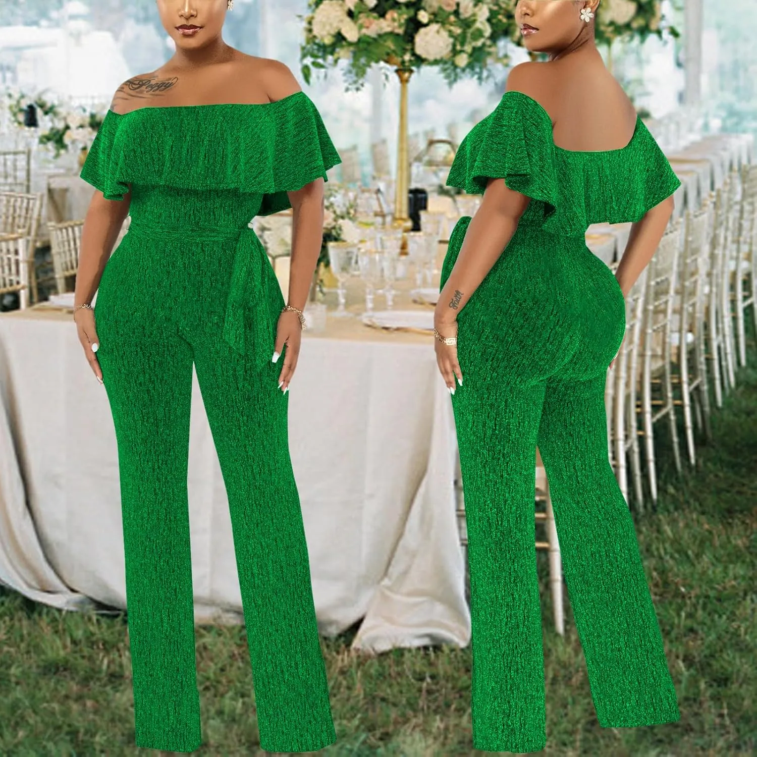 Women's Sexy Sparkly Classy Jumpsuits Casual Off Shoulder Loose Wide Leg Pants Clubwear Party Rompers