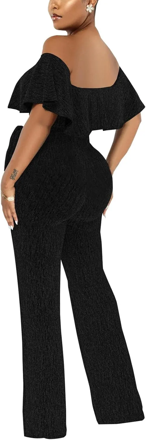 Women's Sexy Sparkly Classy Jumpsuits Casual Off Shoulder Loose Wide Leg Pants Clubwear Party Rompers