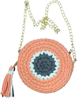 Womens Small Round Crochet Straw Crossbody Bag Beach Circle Boho Shoulder Bag with Gold Chain Strap