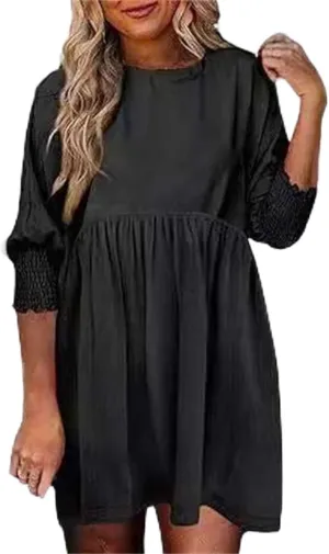 Womens Smocked Crewneck Button Up Long Sleeve Empire Waist A-Line Mini Dress 2025 Casual Swing Dresses
