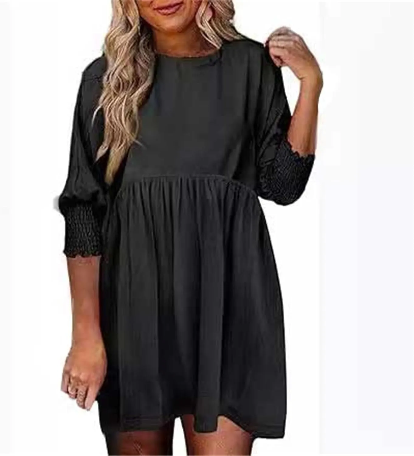 Womens Smocked Crewneck Button Up Long Sleeve Empire Waist A-Line Mini Dress 2025 Casual Swing Dresses