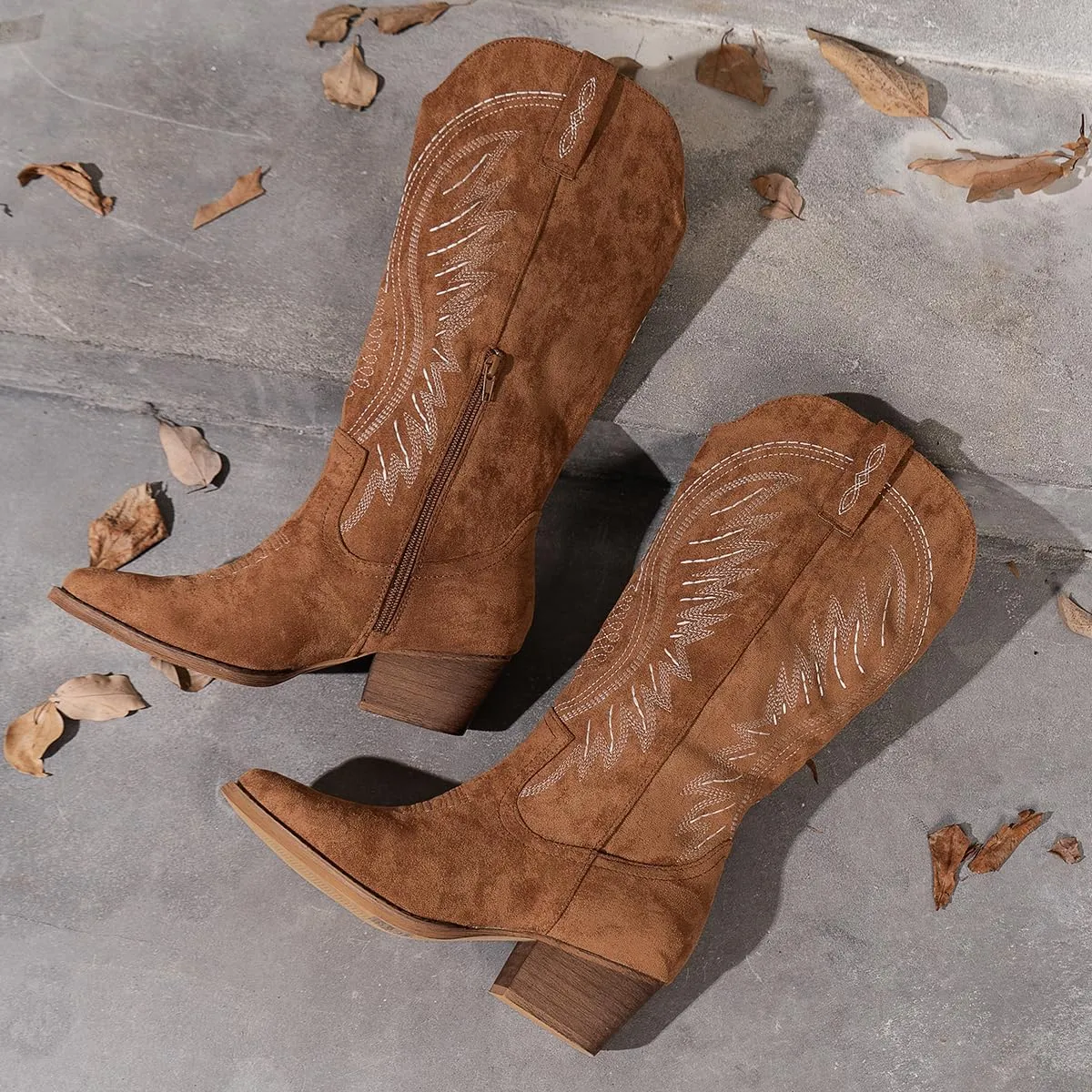 Women's Solid Color Suede Embroidered Side Zipper High Heeled Boots With Sloping Heels, Versatile Trendy, Cowboy Boot