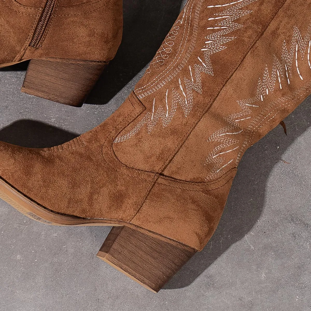 Women's Solid Color Suede Embroidered Side Zipper High Heeled Boots With Sloping Heels, Versatile Trendy, Cowboy Boot