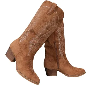 Women's Solid Color Suede Embroidered Side Zipper High Heeled Boots With Sloping Heels, Versatile Trendy, Cowboy Boot