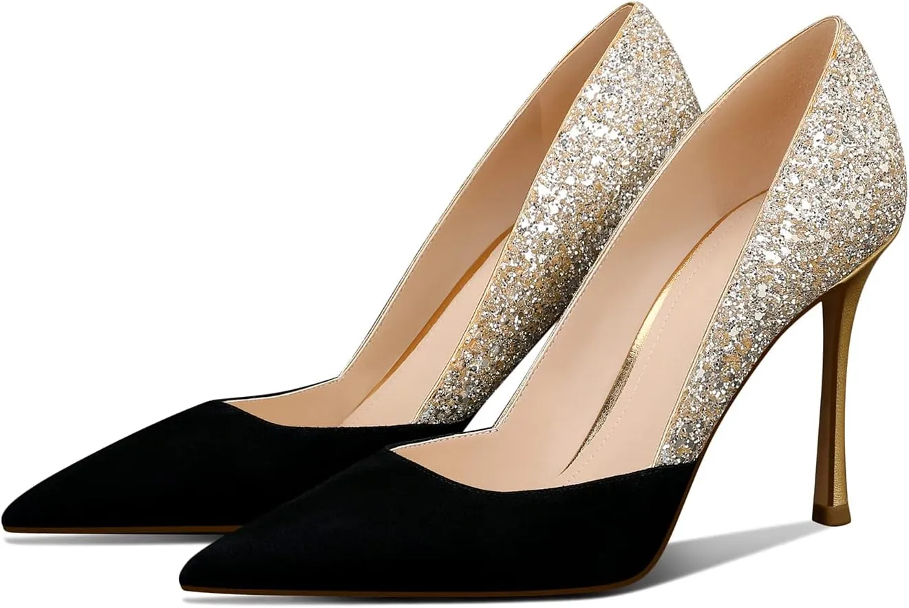 Women's Sparkly High Heels Closed Pointed Toe Pumps 3.74-inch Sexy Slip on Heels Wedding Party Pumps Shoes