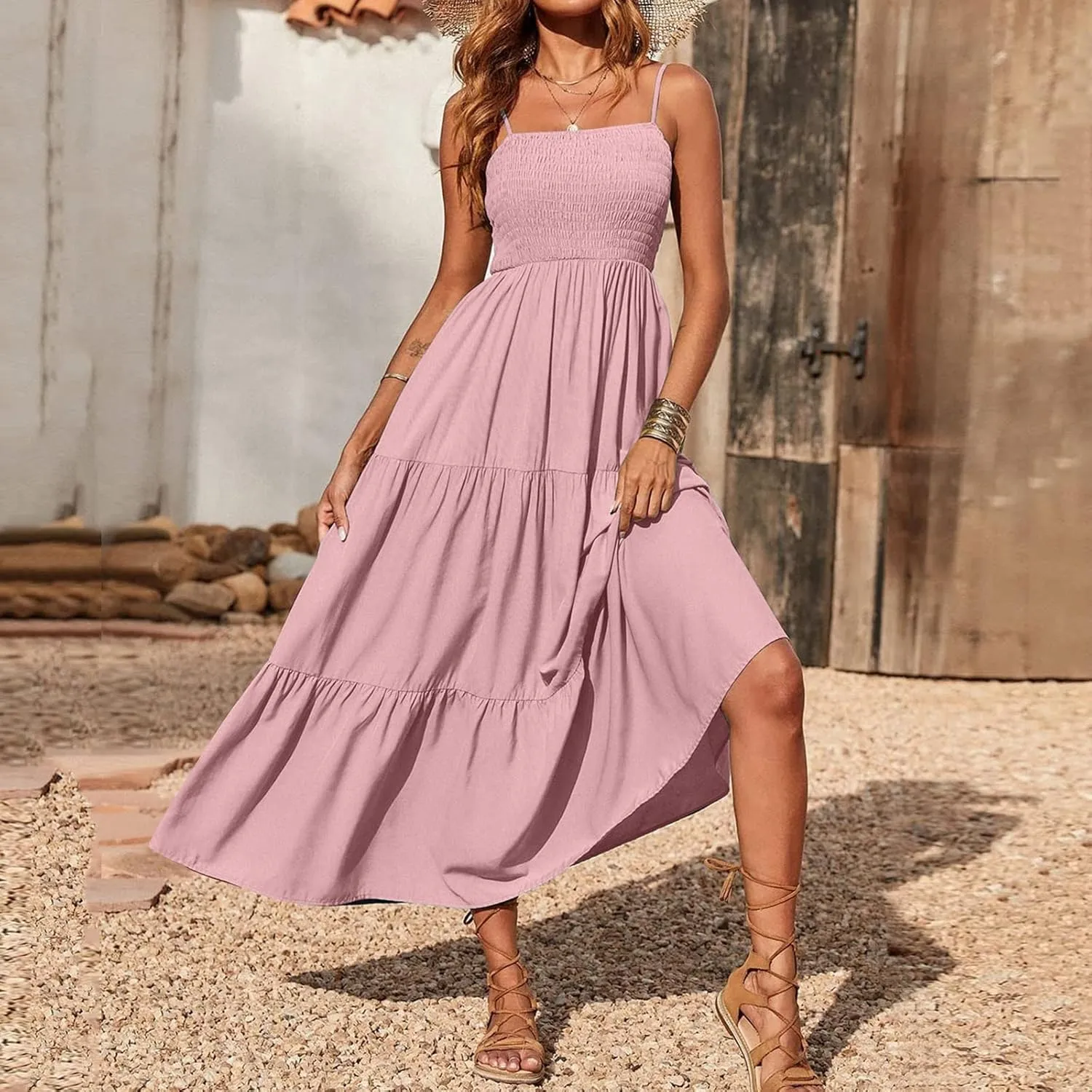 Women's Summer Maxi Dress 2025 Casual Boho Sleeveless Spaghetti Strap Smocked Tiered Long Beach Sundresses