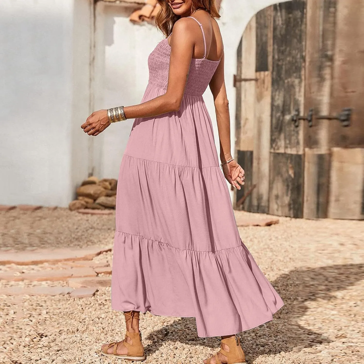 Women's Summer Maxi Dress 2025 Casual Boho Sleeveless Spaghetti Strap Smocked Tiered Long Beach Sundresses