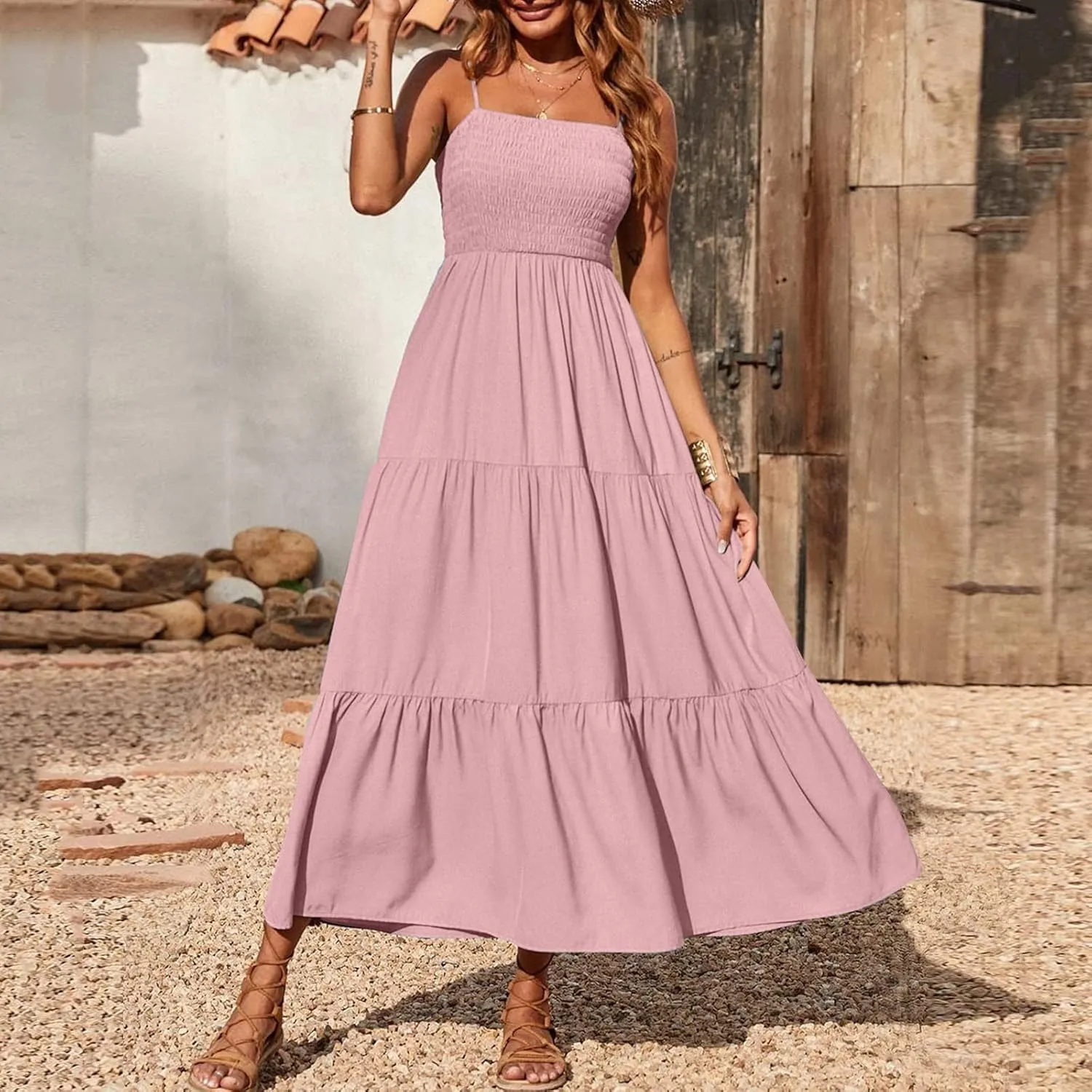 Women's Summer Maxi Dress 2025 Casual Boho Sleeveless Spaghetti Strap Smocked Tiered Long Beach Sundresses