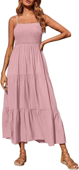 Women's Summer Maxi Dress 2025 Casual Boho Sleeveless Spaghetti Strap Smocked Tiered Long Beach Sundresses