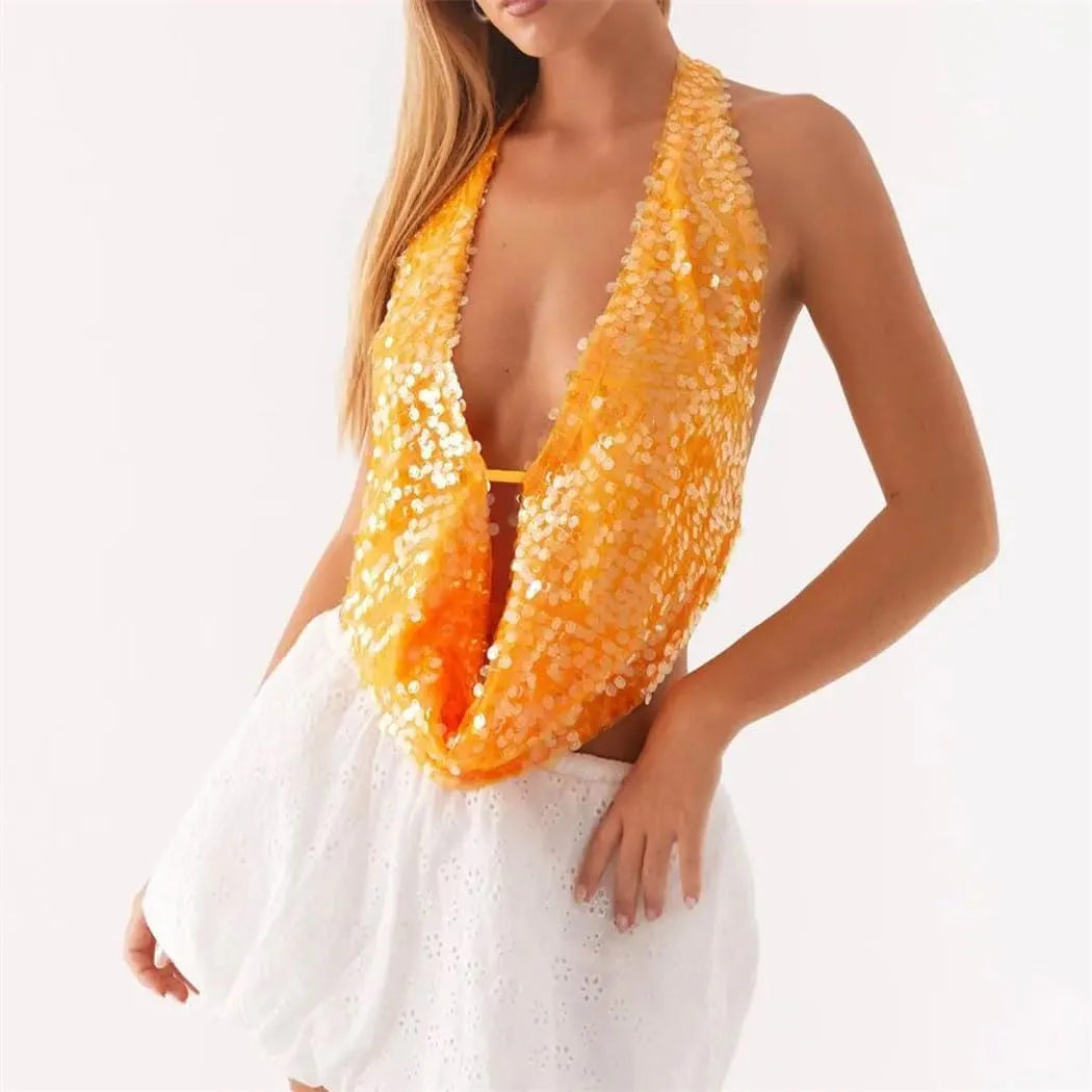 Women's Summer Solid Color Sequined Female Crop Tank Tops Halter Deep V-Neck Backless Y2K Sexy Glitter Vests