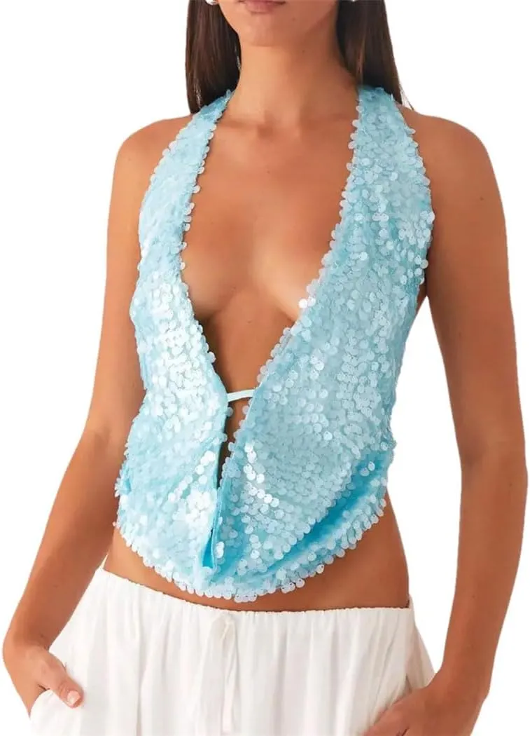 Women's Summer Solid Color Sequined Female Crop Tank Tops Halter Deep V-Neck Backless Y2K Sexy Glitter Vests